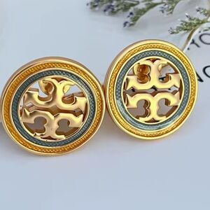 Authentic Tori Burch Gold and Green Studs Earrings.